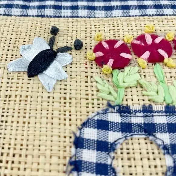 Breckenridge Straw Tote Bag Purse Blonde Wicker Picnic Blue Check Teacup Bee - Picture 8 of 10